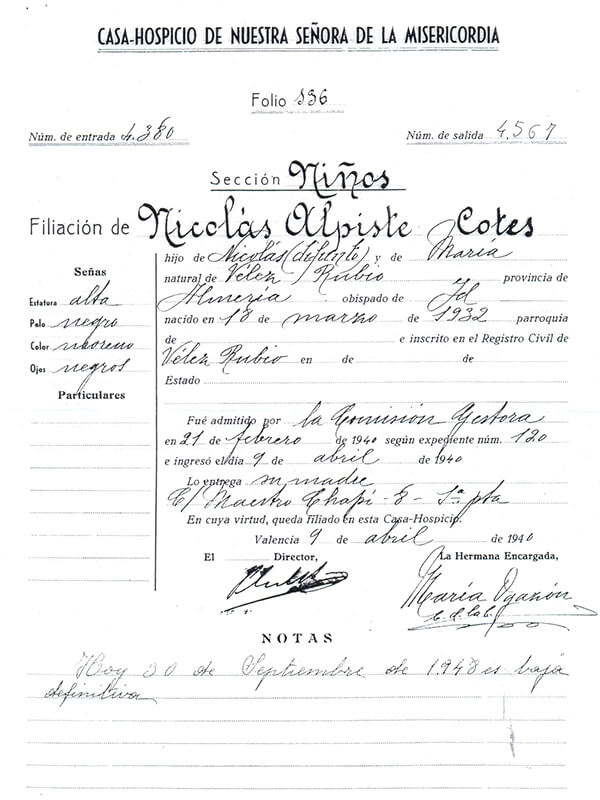 Fitxa que li van obrir a Nicolás quan va ingressar  a la Casa de la Misericordia de València. 1940